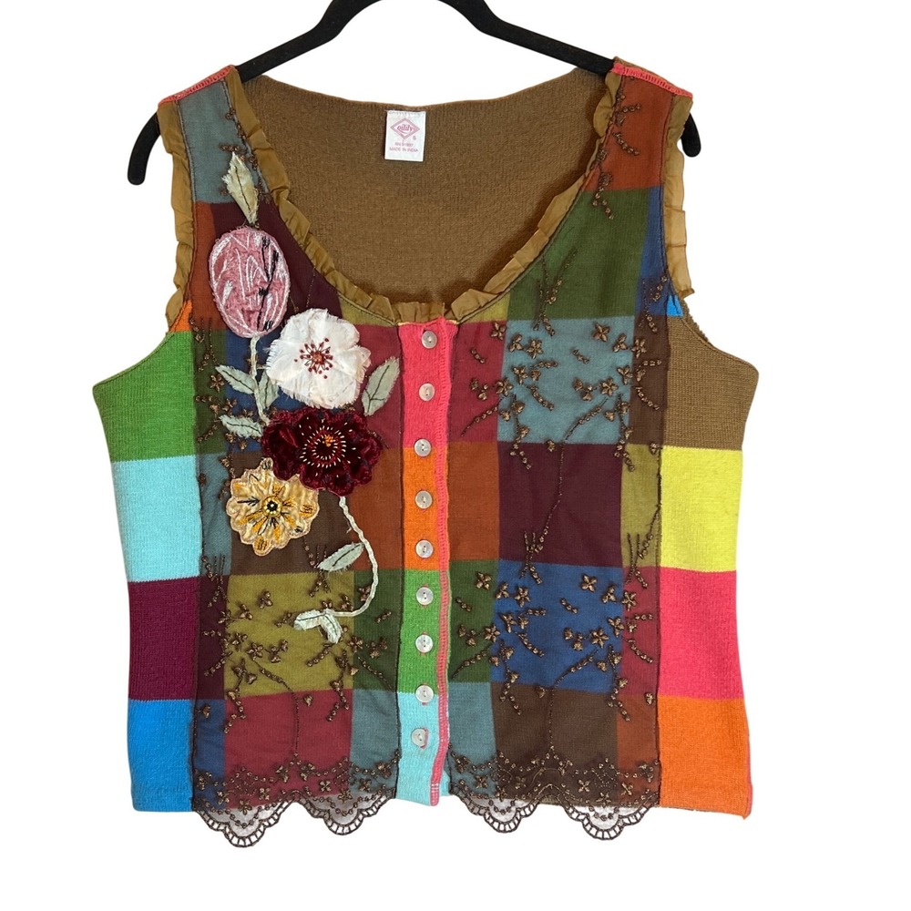 Oilily Patchwork Floral Embroidered Wool Angora Knit Sweater Vest Brown‎ Small